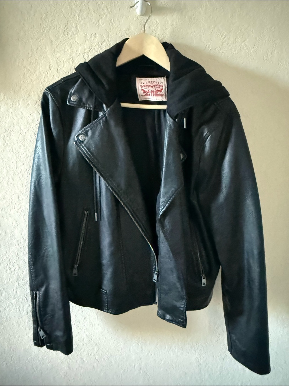 Levi's Black Leather Hooded Moto Jacket with Zip Pockets